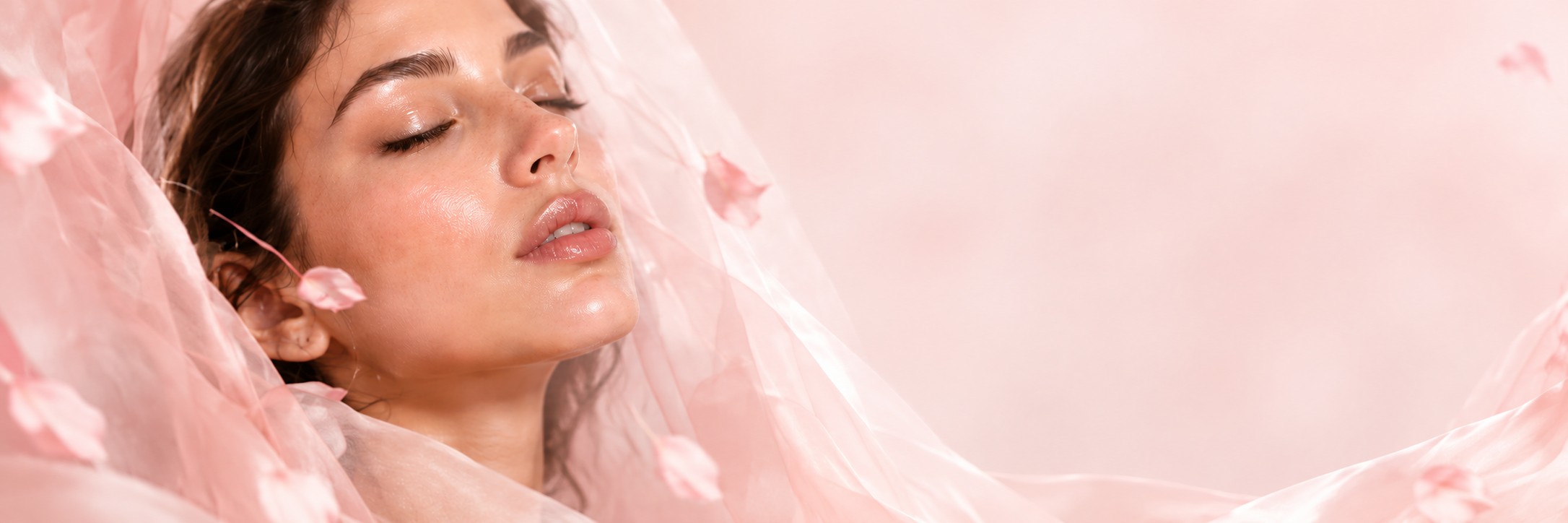 Woman with glowing skin under a rose veil